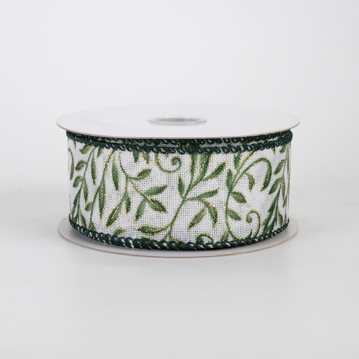 1.5" Linen Glittered Foliage Swirls Ribbon: Moss on Ivory (10 Yards)