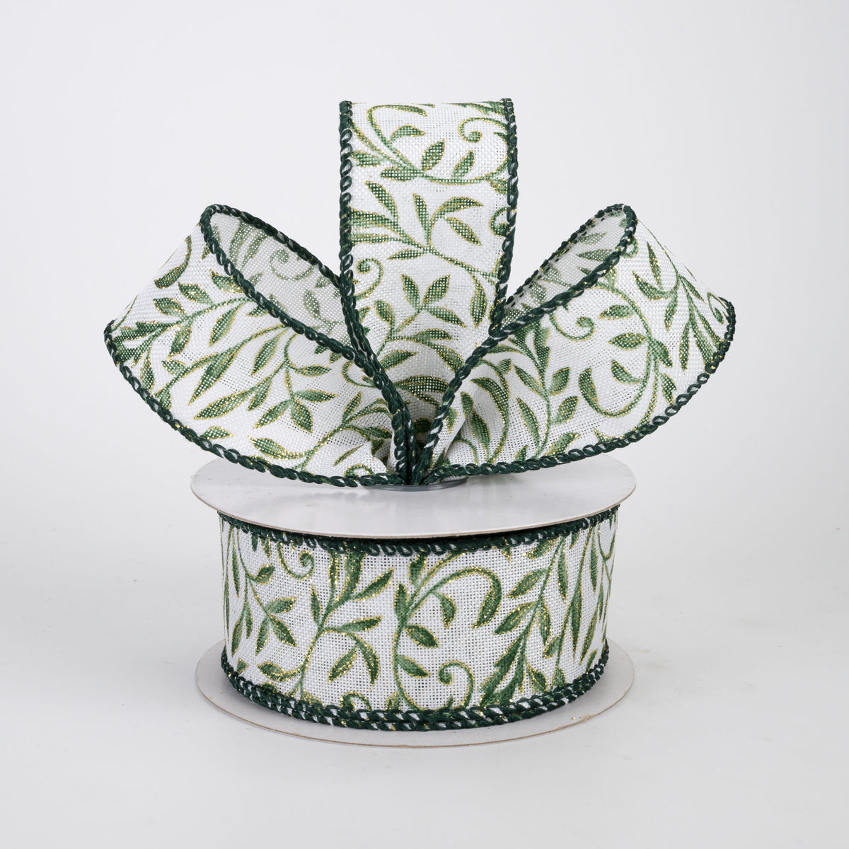 1.5" Linen Glittered Foliage Swirls Ribbon: Moss on Ivory (10 Yards)