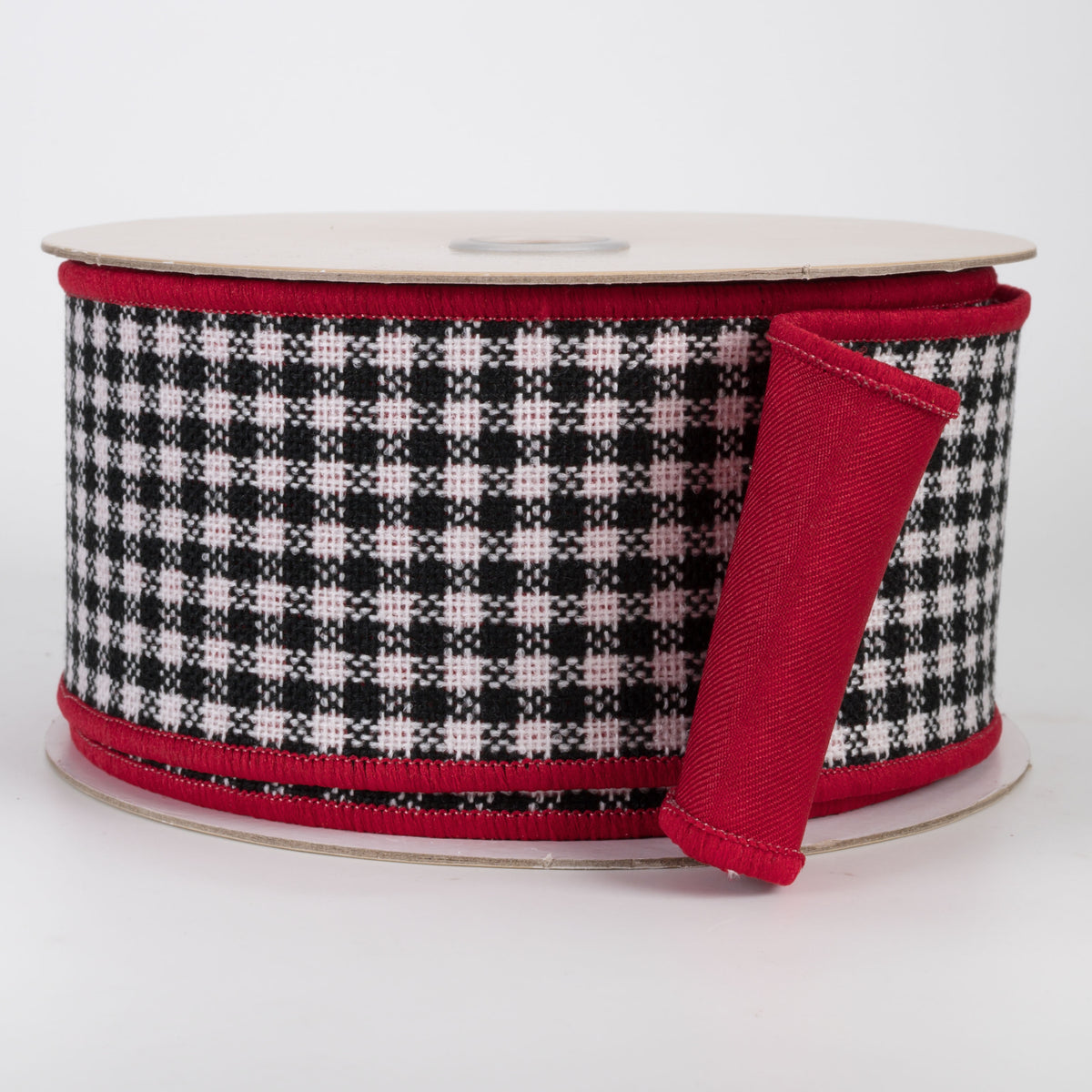 2.5" Double Sided Fused Mini Check Ribbon: Black, White & Red (10 Yards)