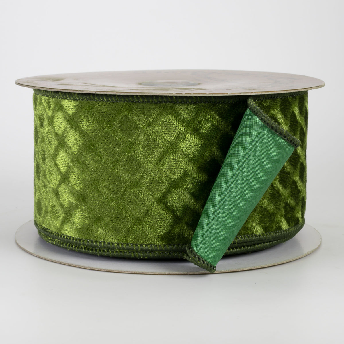 2.5" Designer Double Sided Velvet Diamond Check Ribbon: Moss Green (10 Yards)