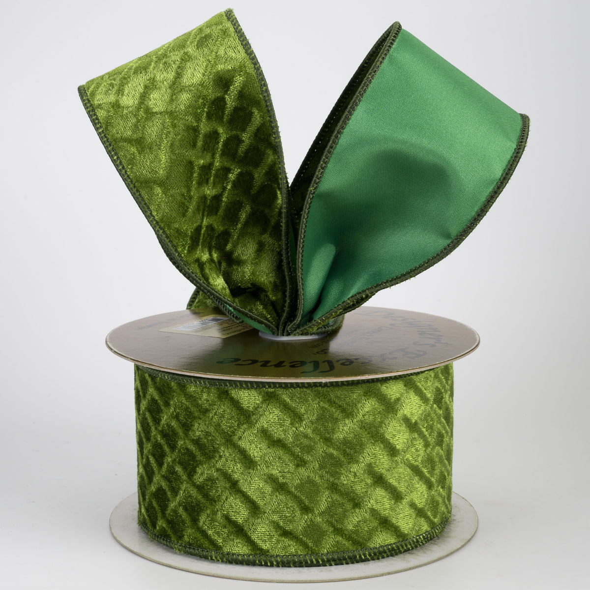 2.5" Designer Double Sided Velvet Diamond Check Ribbon: Moss Green (10 Yards)