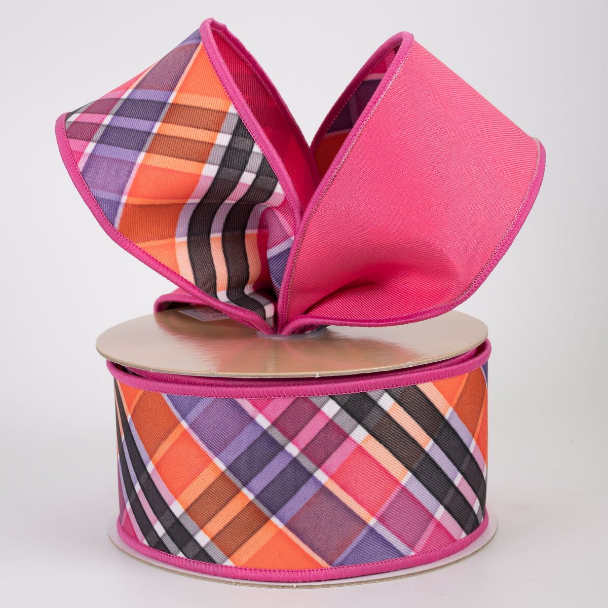 2.5" Double Sided Fused Halloween Plaid Ribbon: Hot Pink, Orange & Purple (10 Yards)