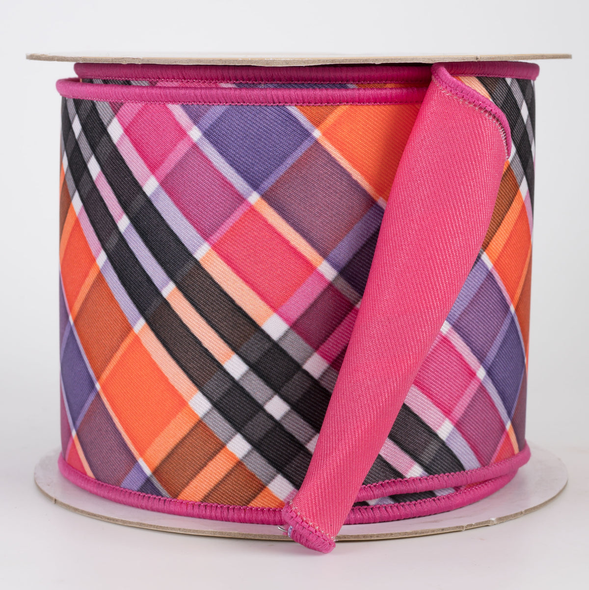 4" Double Sided Fused Halloween Plaid Ribbon: Hot Pink, Orange & Purple (10 Yards)