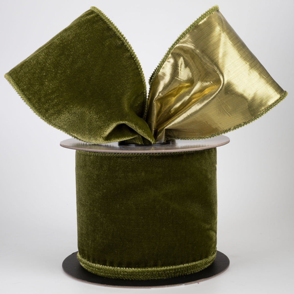 [D Stevens] 4" Velvet & Lamé Gold Back Ribbon: Moss Green (10 Yards)