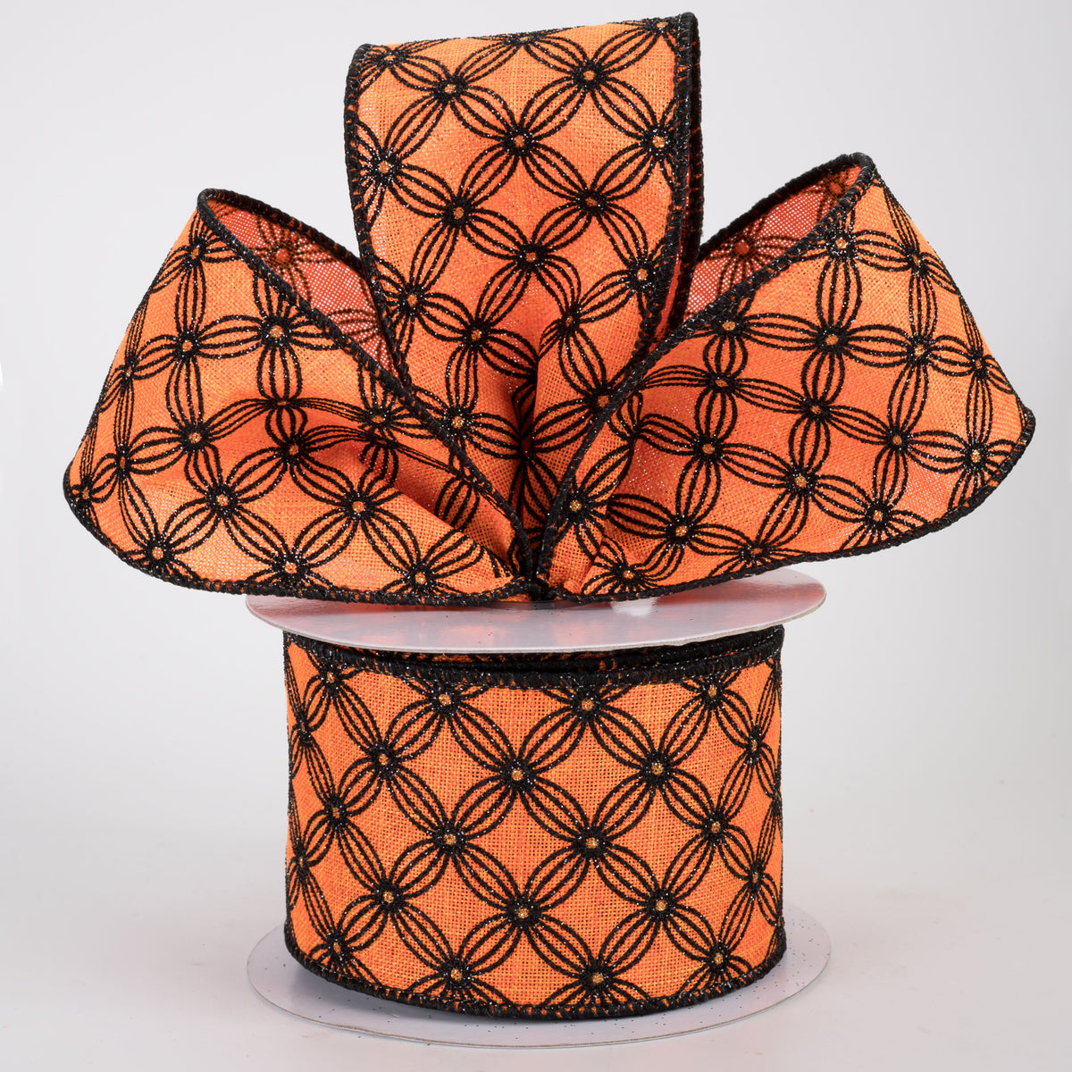 2.5" Quatrefoil Petal Lattice Ribbon: Black on Orange (10 Yards)