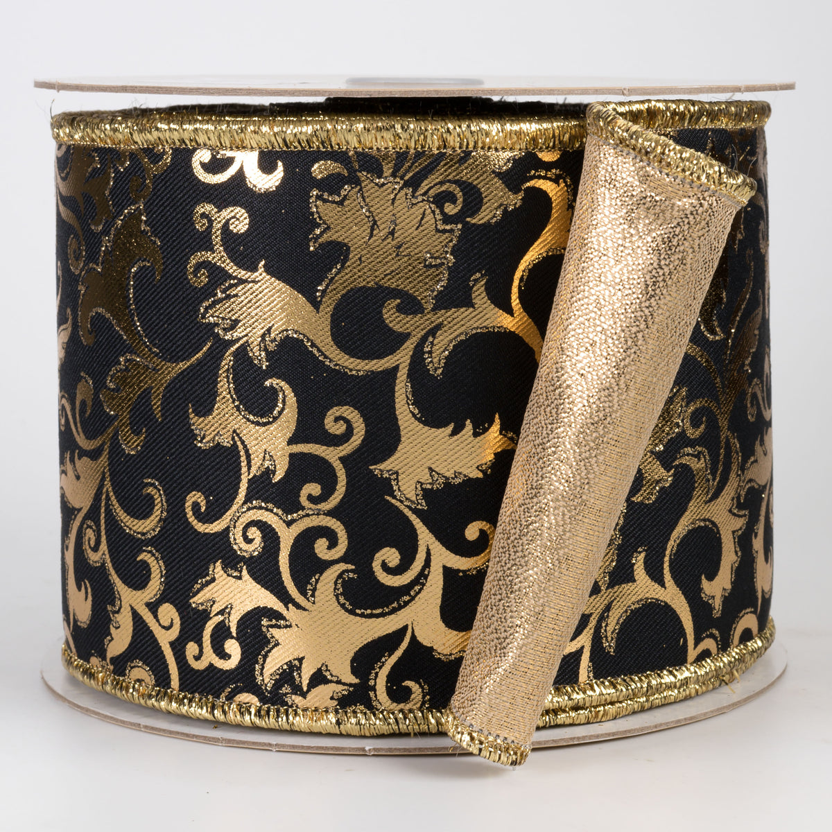 4" Double Sided Fused Metallic Swirl Leaf Ribbon: Black & Gold (10 Yards)