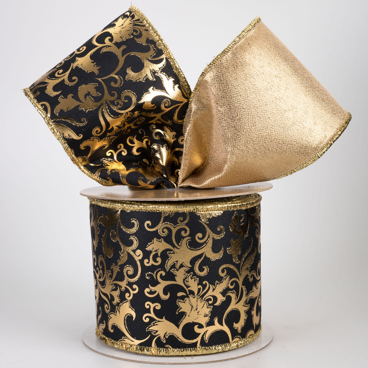 4" Double Sided Fused Metallic Swirl Leaf Ribbon: Black & Gold (10 Yards)
