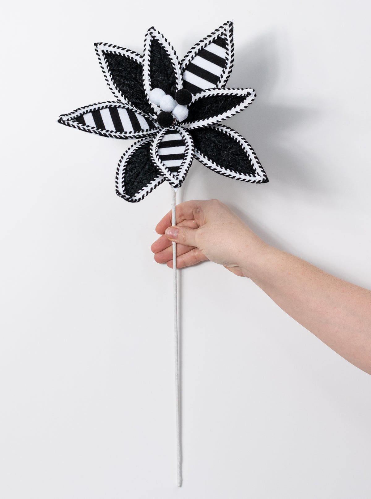 11" x 22" Velvet & Trim Stripe Poinsettia Stem: Black & White