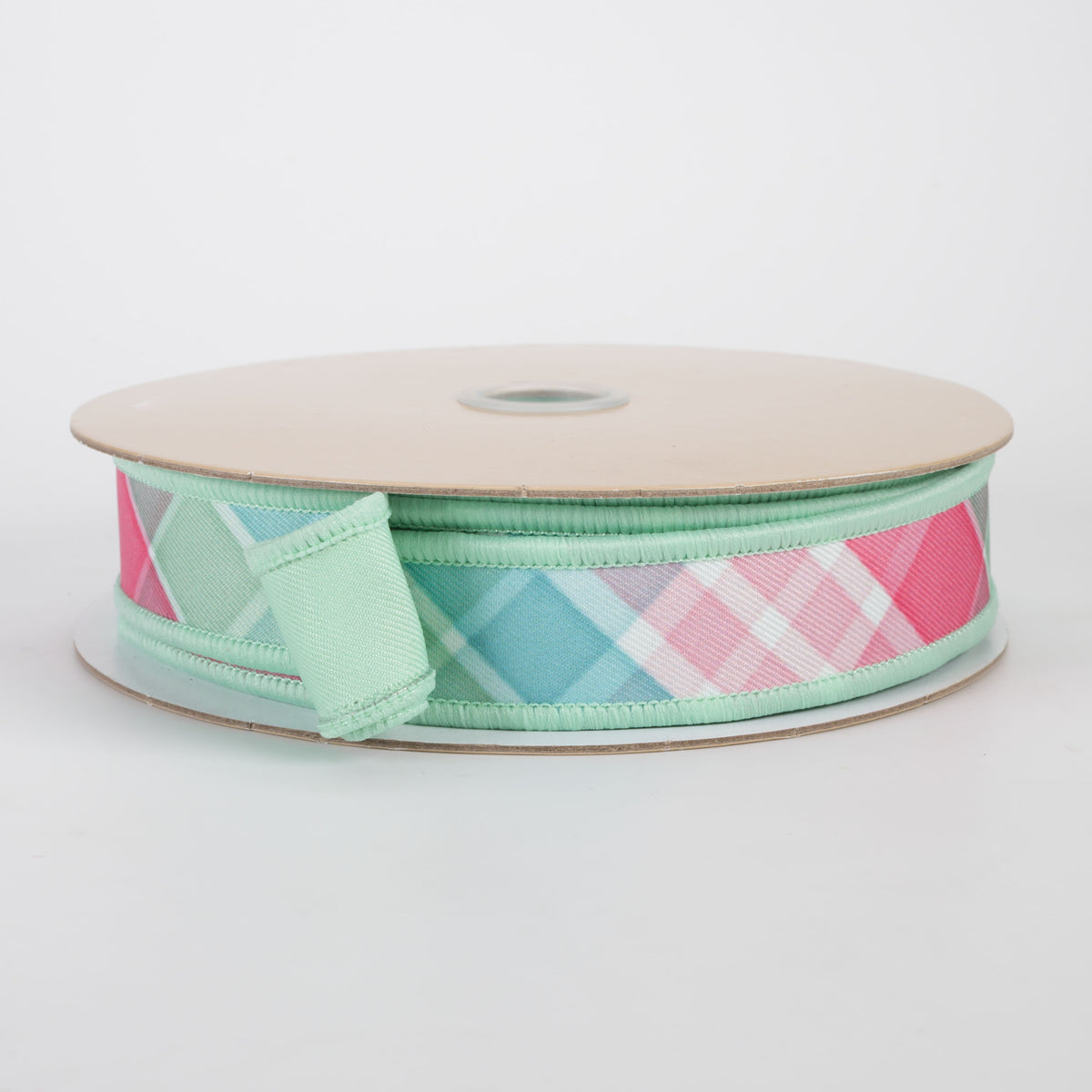 7/8" Double Sided Fused Diagonal Plaid Ribbon: Teal, Pink & Mint (10 Yards)