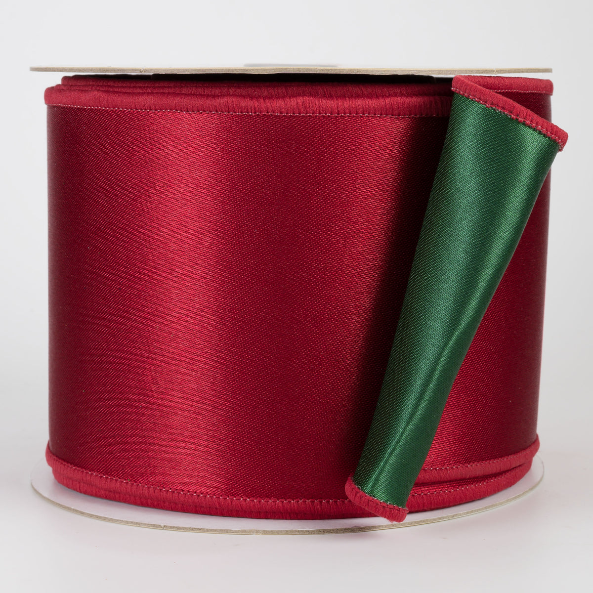 4" Double Sided Fused Satin Ribbon: Dark Red & Emerald Green (10 Yards)