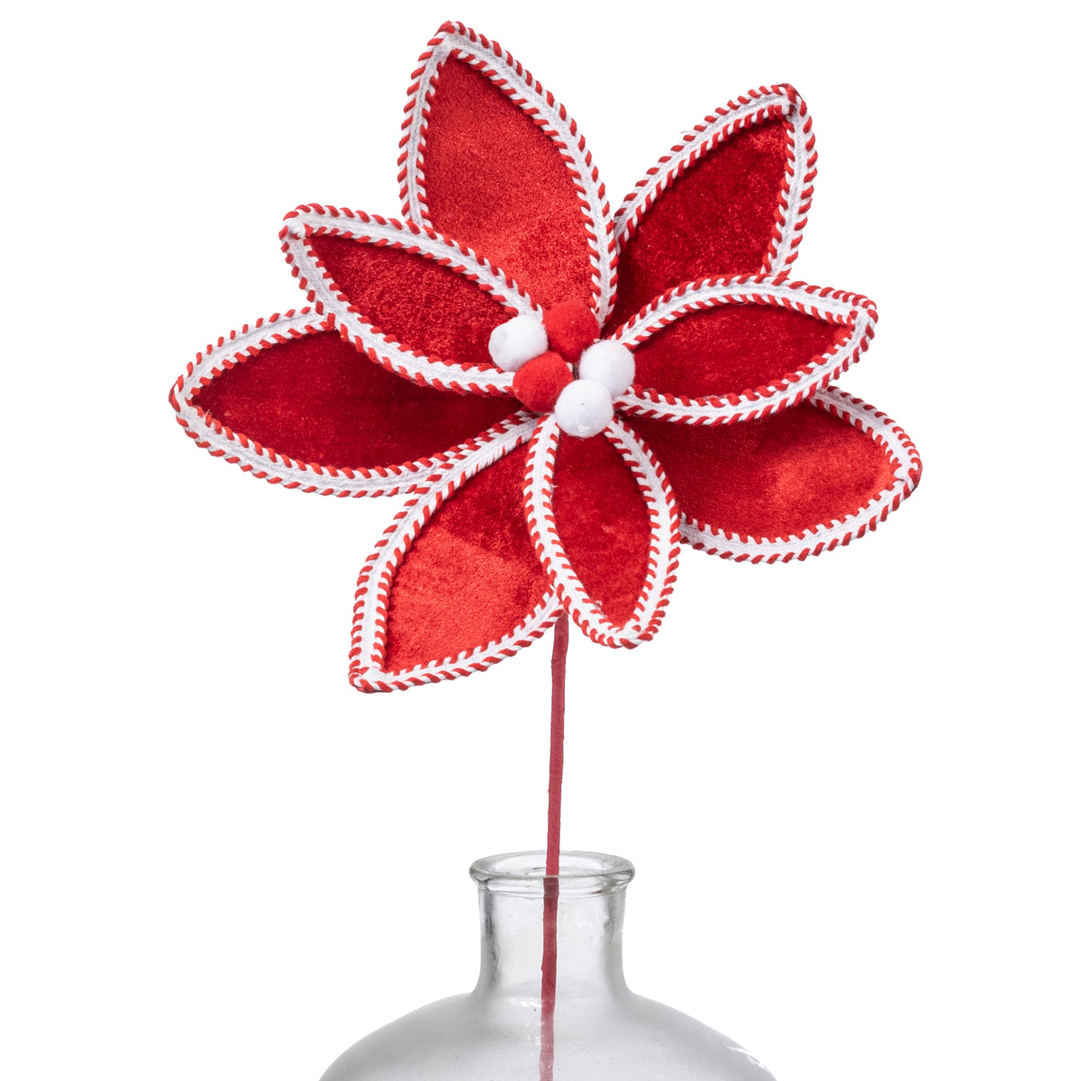 10" x 22" Velvet & Trim Poinsettia Stem: Red & White