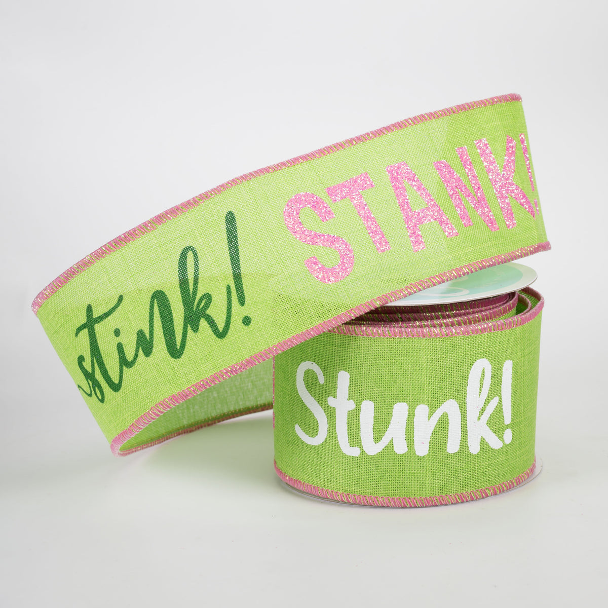 2.5" Stink Stank Stunk Canvas Ribbon: Pink on Green (10 Yards)