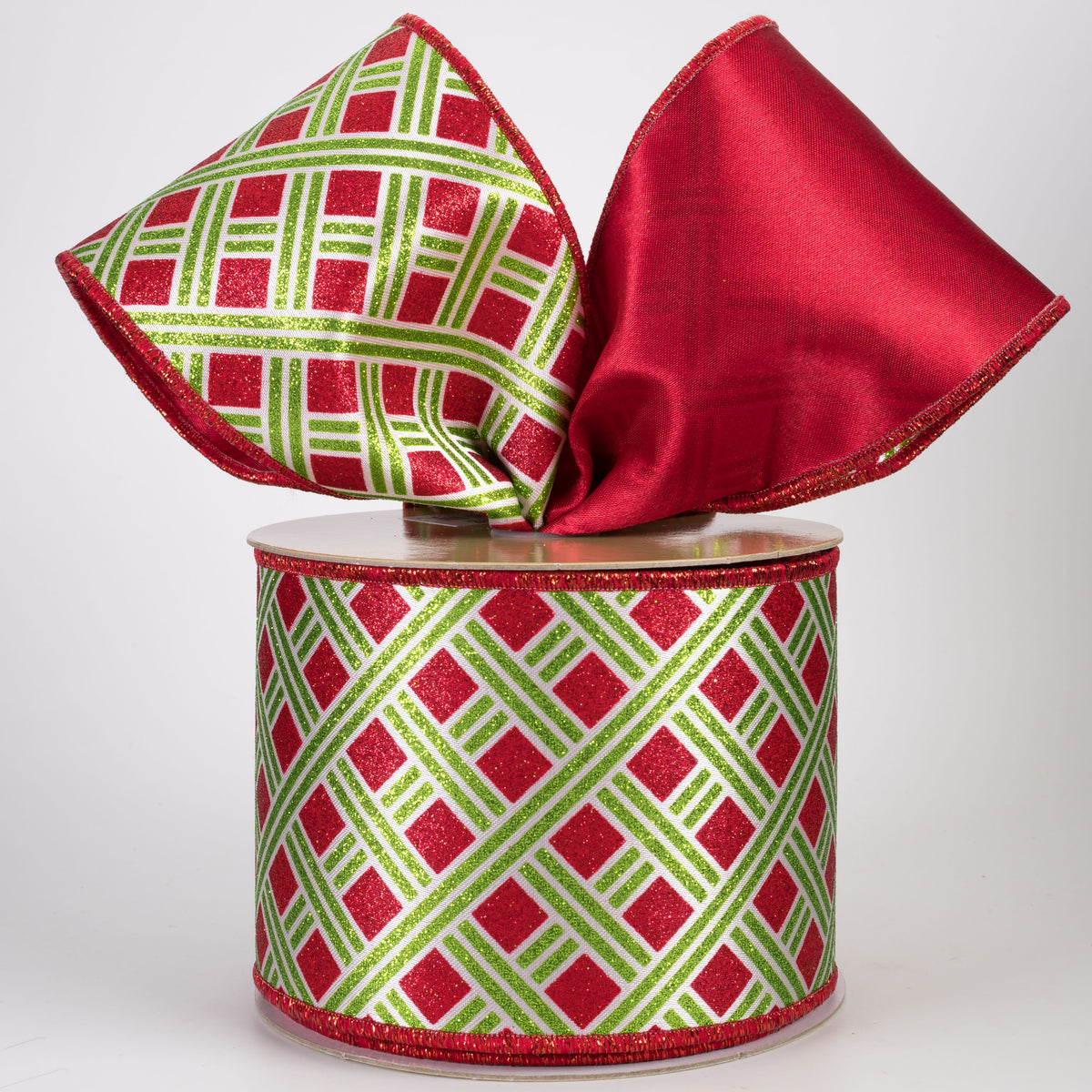 4" Double Sided Fused Metallic Basketweave Ribbon: Lime Green & Red (10 Yards)