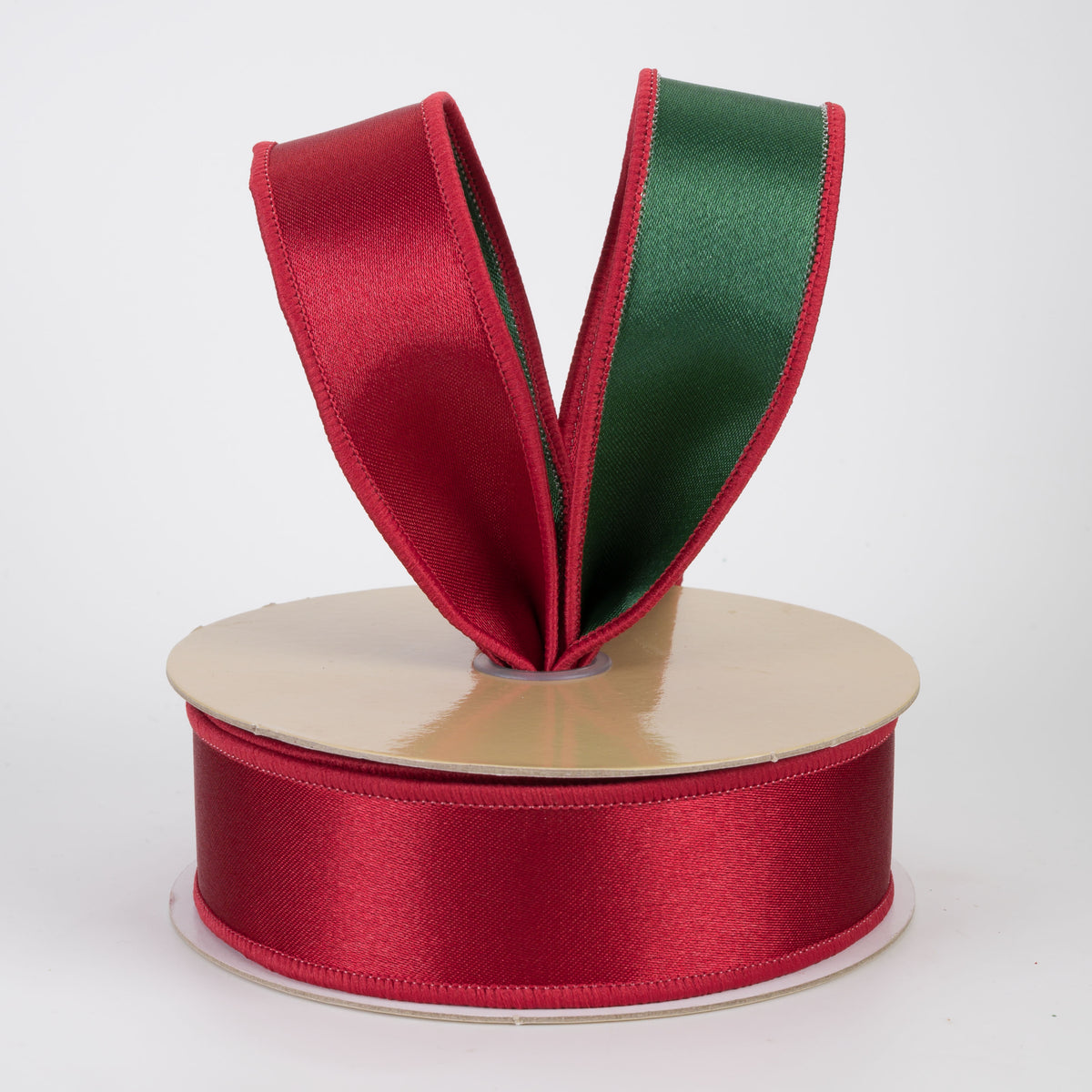 1.5" Double Sided Fused Satin Ribbon: Dark Red & Emerald Green (10 Yards)