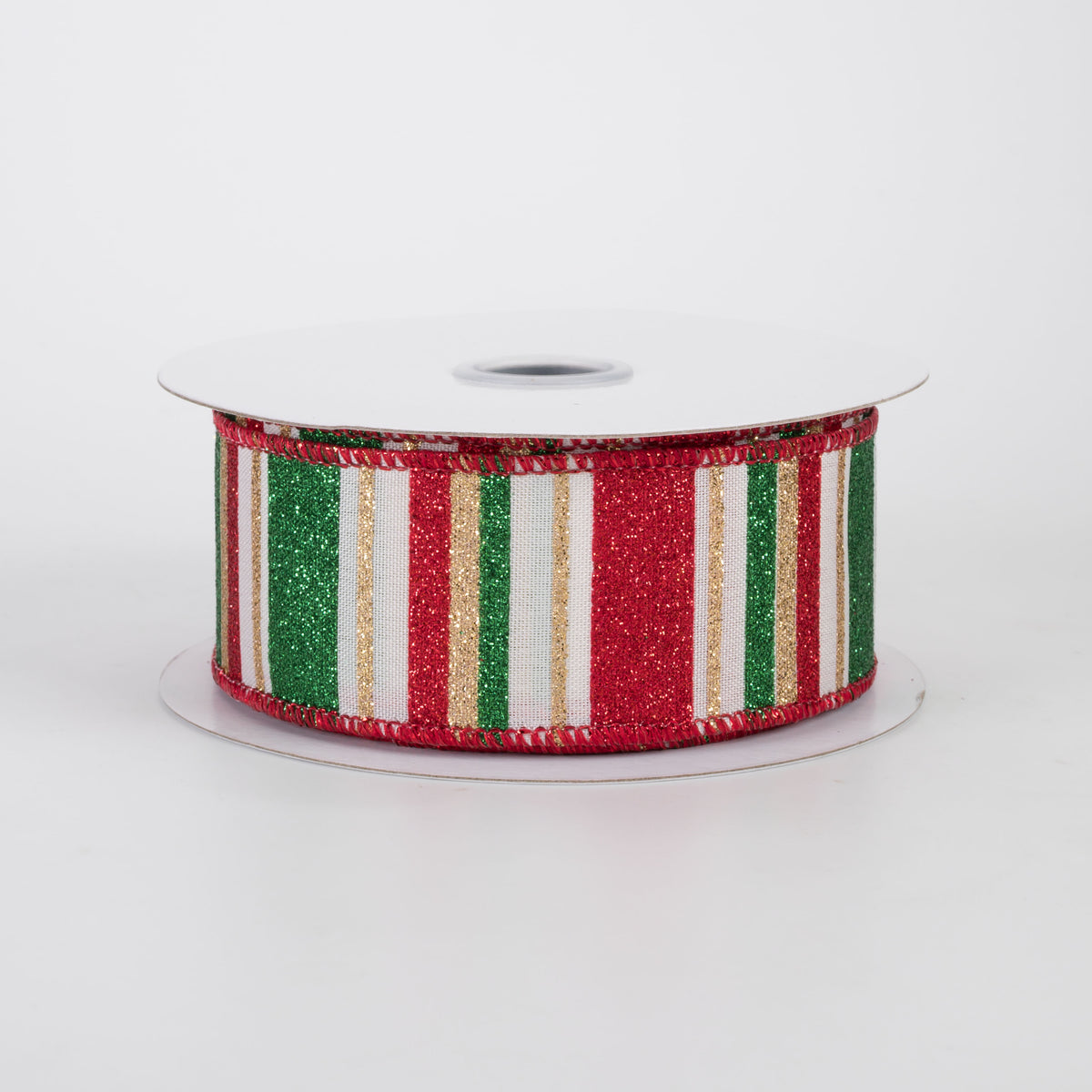 1.5" Multi Glitter Stripes Ribbon: Traditional Christmas on Cream (10 Yards)