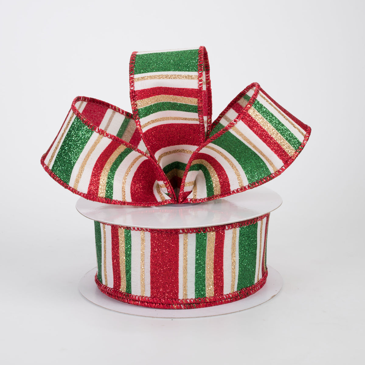 1.5" Multi Glitter Stripes Ribbon: Traditional Christmas on Cream (10 Yards)