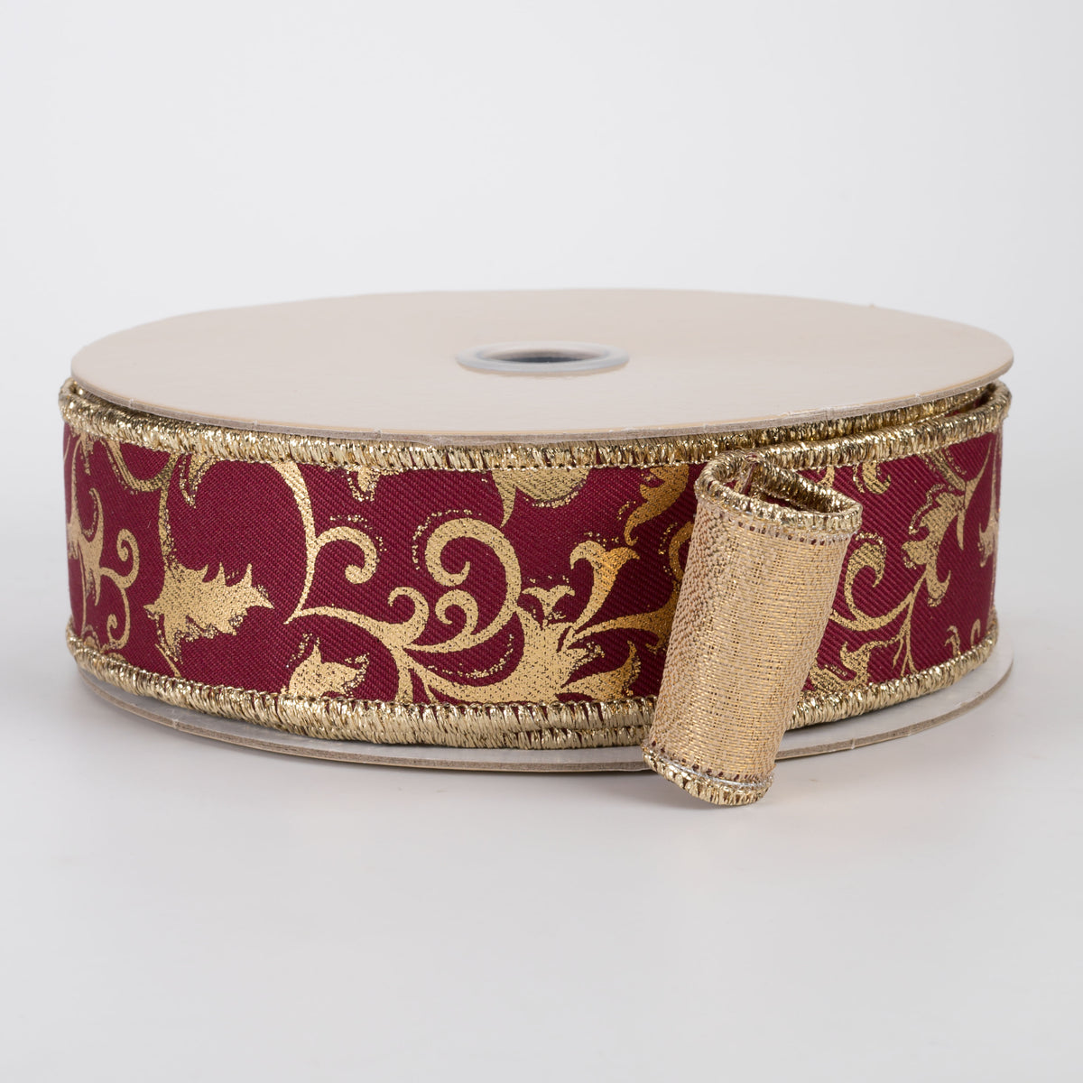 1.5" Double Sided Fused Metallic Swirl Leaf Ribbon: Wine & Gold (10 Yards)