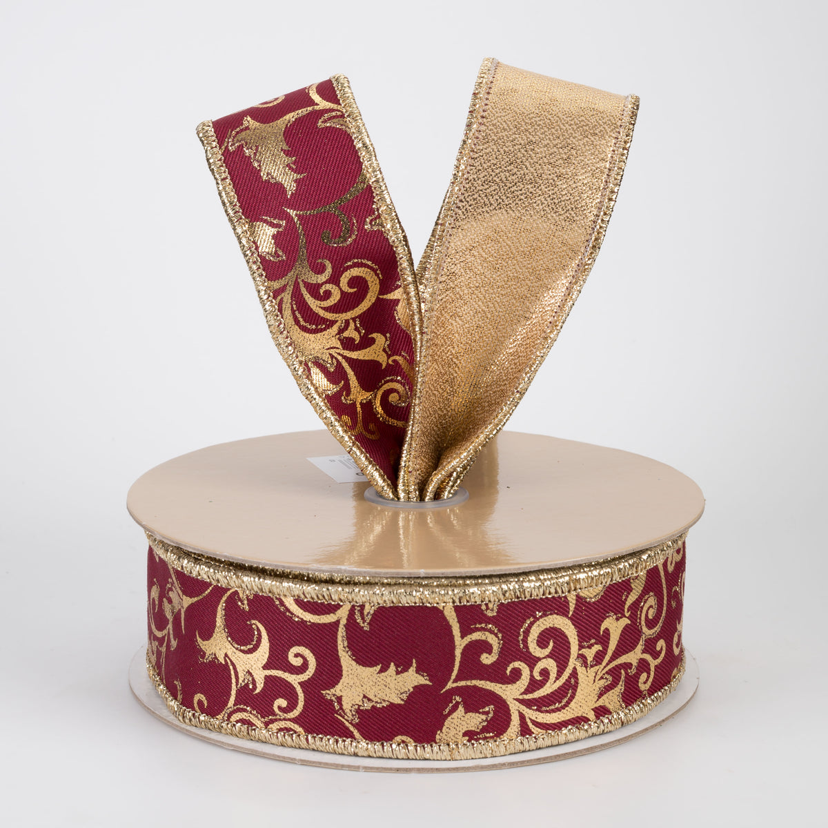 1.5" Double Sided Fused Metallic Swirl Leaf Ribbon: Wine & Gold (10 Yards)