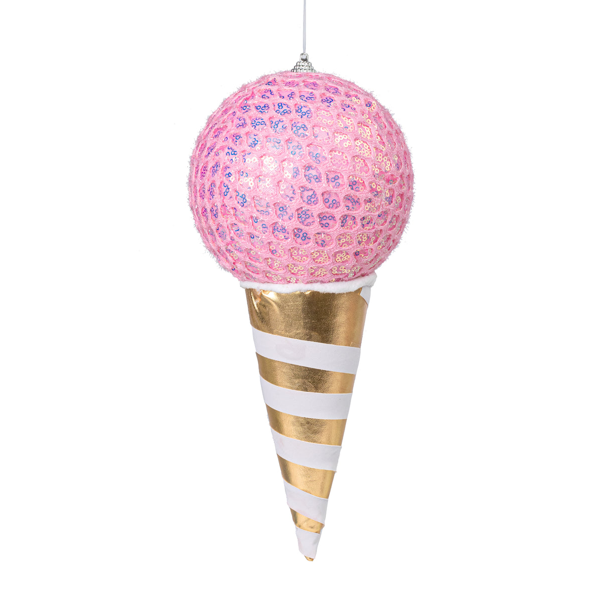 12" Mesh Sequin Ice Cream Cone Ornament: Pink & Gold