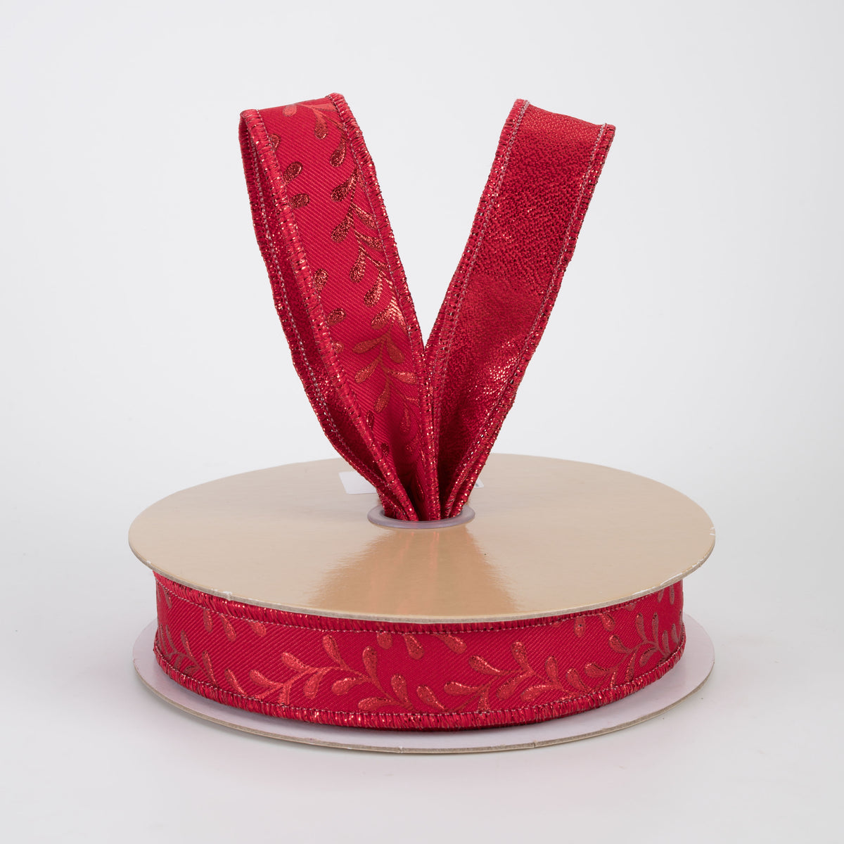 7/8" Double Sided Fused Foil Leaf Garland Ribbon: Red on Red (10 Yards)