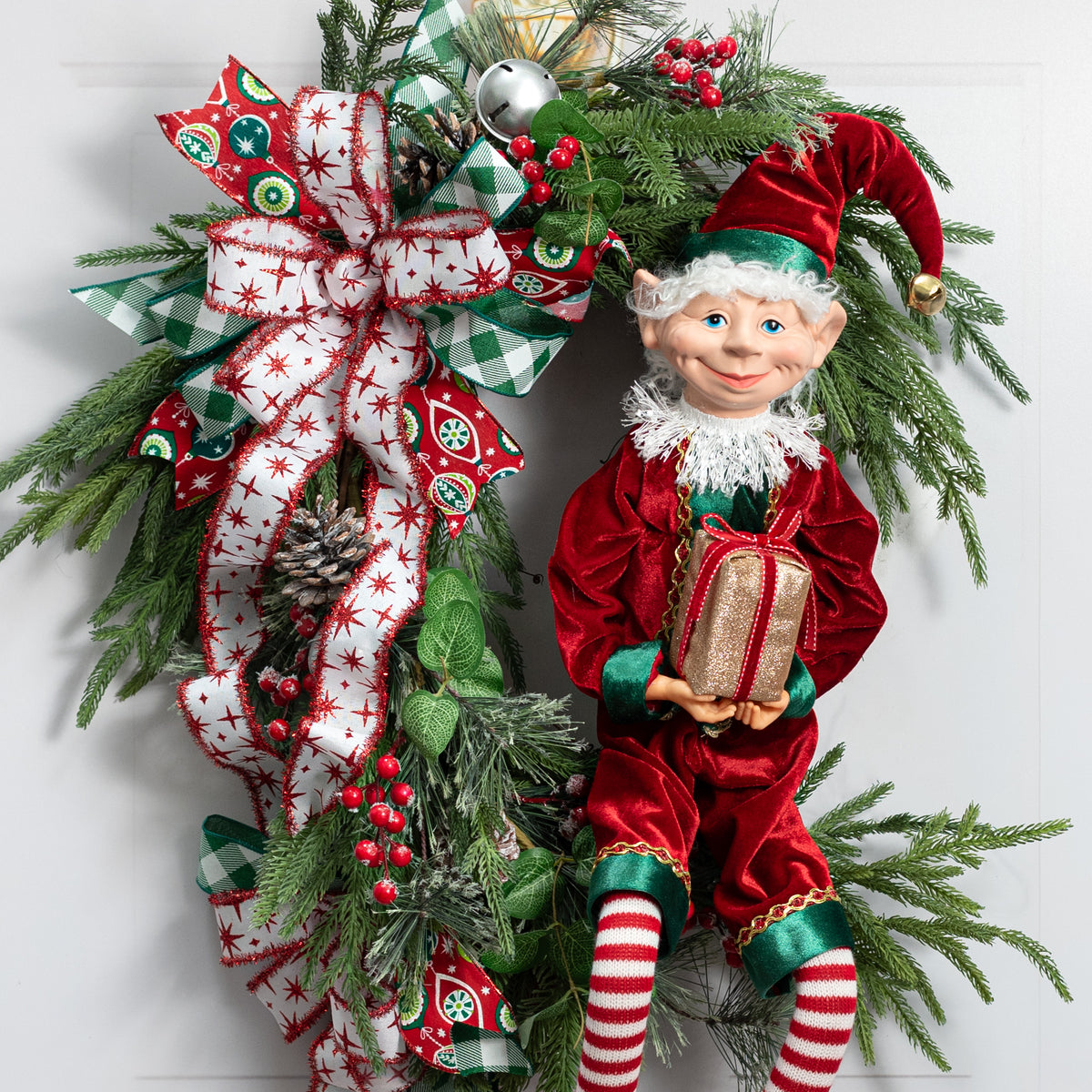 30" Velvet Traditional Christmas Elf with Gift Box