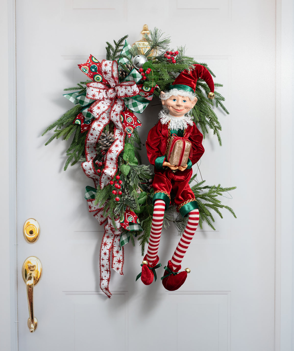 30" Velvet Traditional Christmas Elf with Gift Box