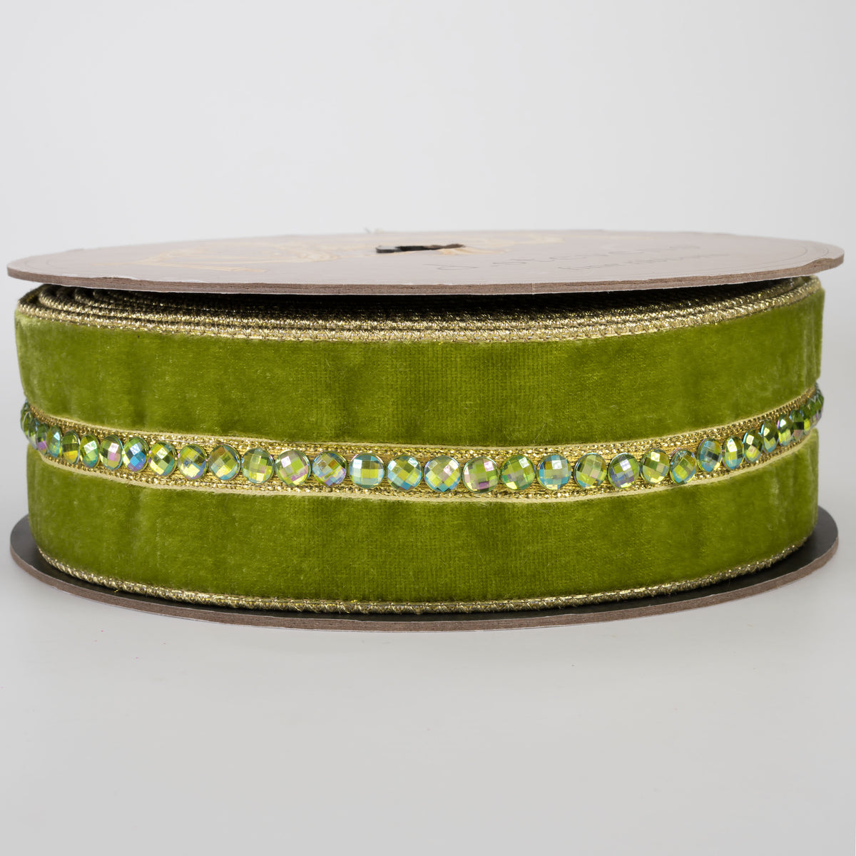 [D Stevens] 2.5" Jeweled Center Trim Velvet Gold Back Ribbon: Green (10 Yards)