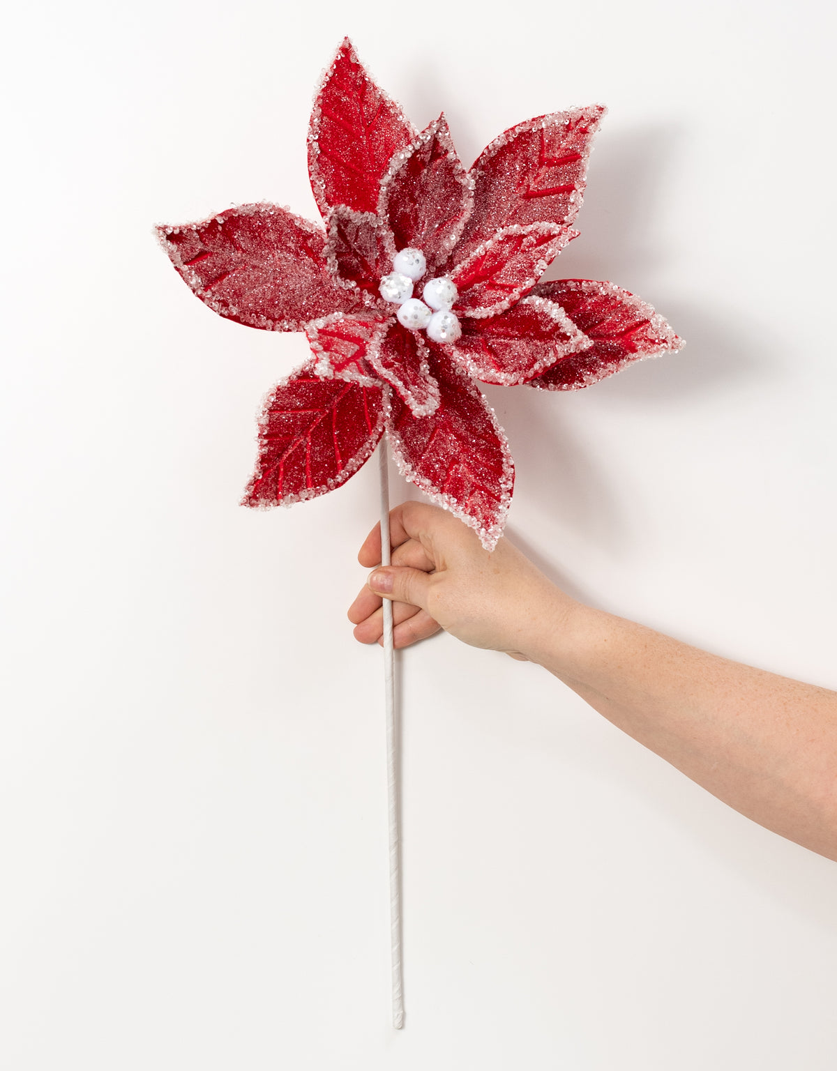 18" Icy Poinsettia Stem: Red & White
