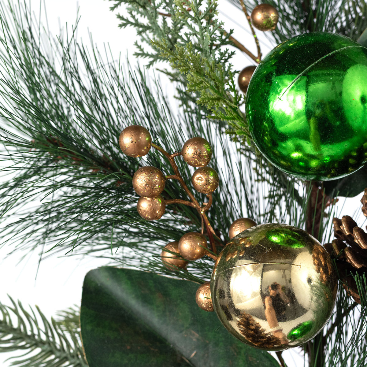 30" Mixed Pine, Pinecone & Metallic Ball Spray: Green & Gold