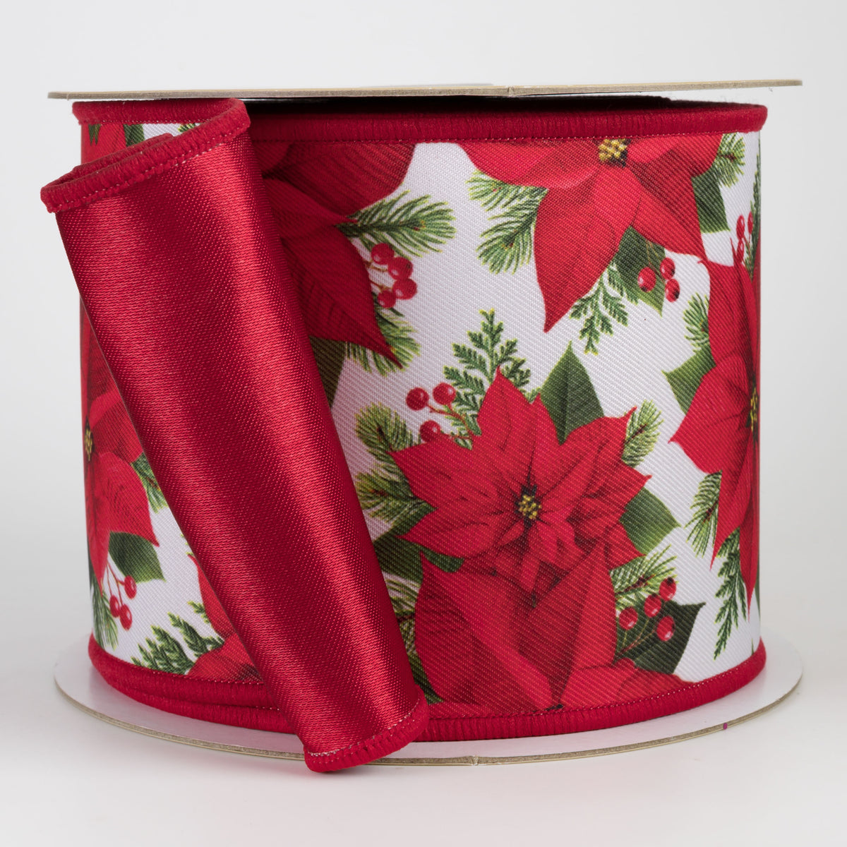 4" Double Sided Fused Red Poinsettia Ribbon (10 Yards)