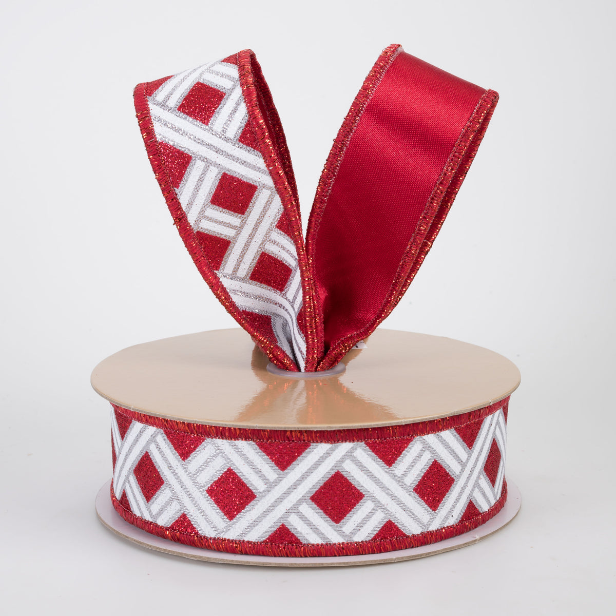 1.5" Double Sided Fused Metallic Basketweave Ribbon: Red & Silver (10 Yards)