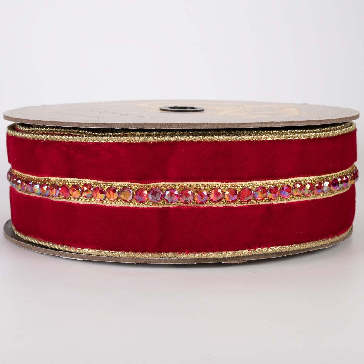 [D Stevens] 2.5" Jeweled Center Trim Velvet Gold Back Ribbon: Red (10 Yards)