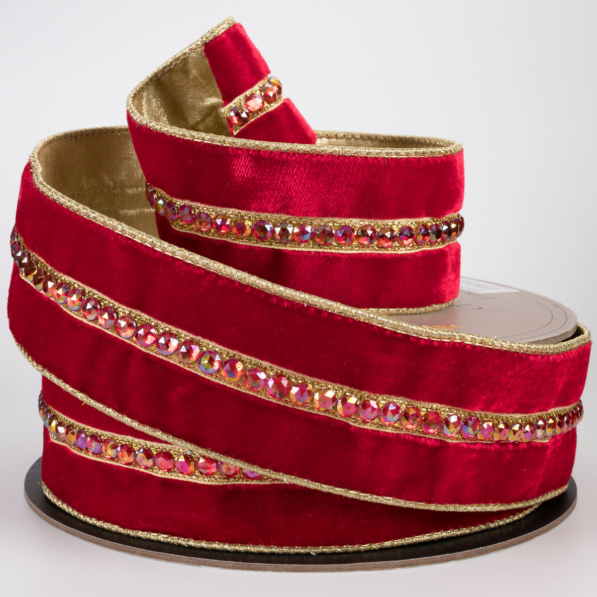 [D Stevens] 2.5" Jeweled Center Trim Velvet Gold Back Ribbon: Red (10 Yards)
