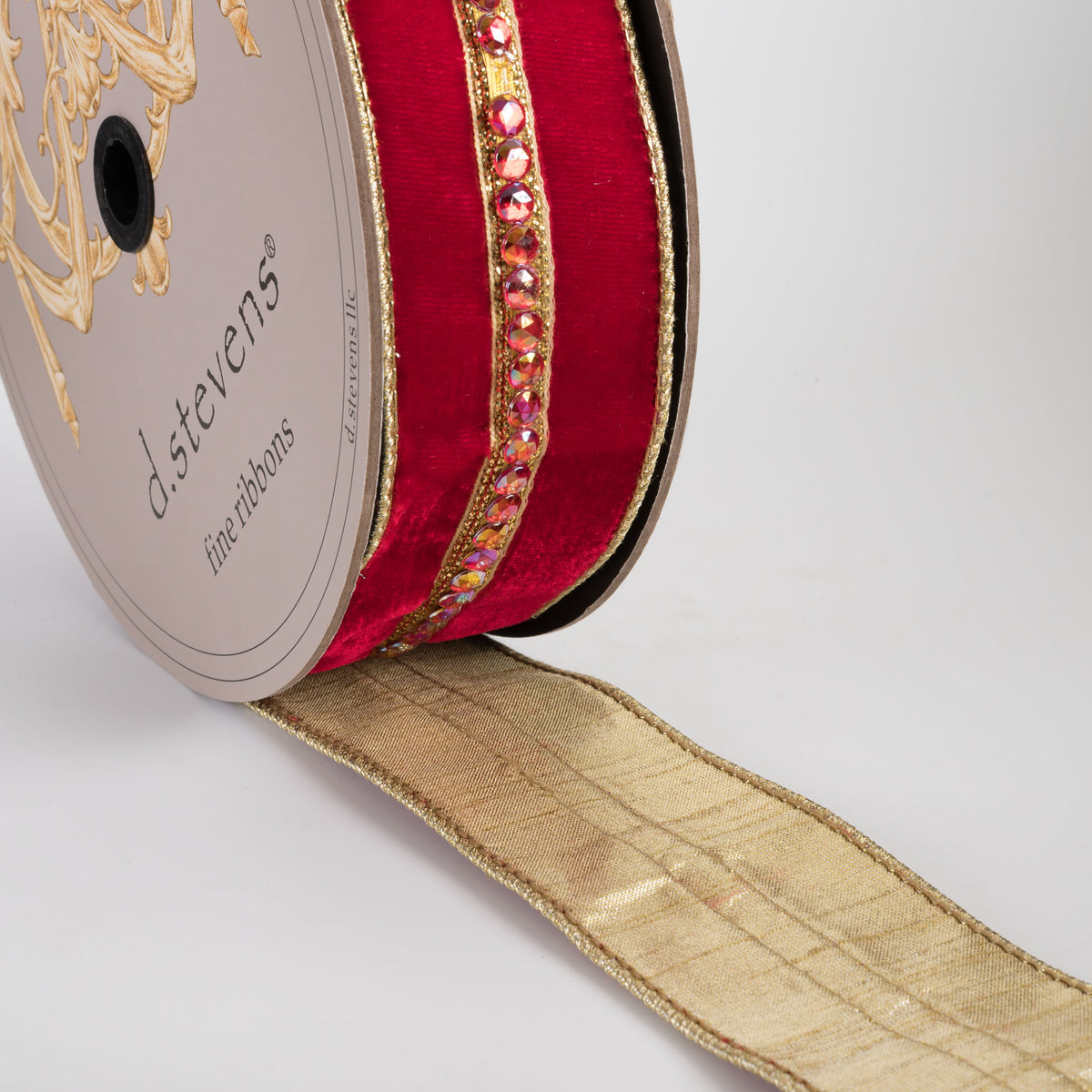[D Stevens] 2.5" Jeweled Center Trim Velvet Gold Back Ribbon: Red (10 Yards)