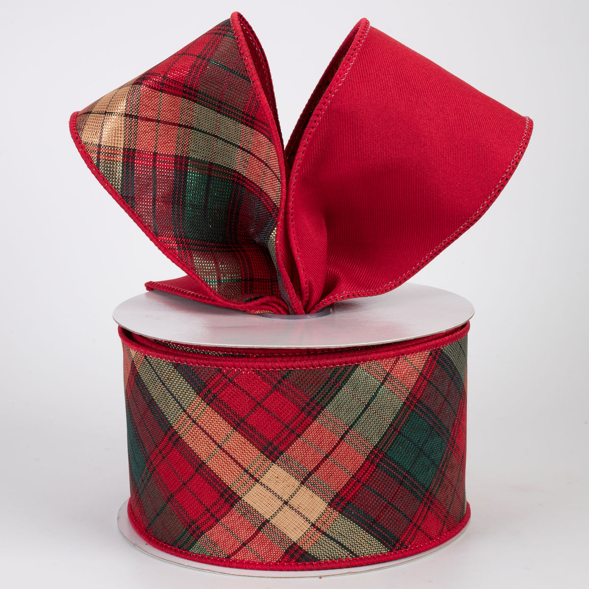 2.5" Two Sided Diagonal Plaid & Solid Ribbon: Metallic Christmas Plaid (10 Yards)