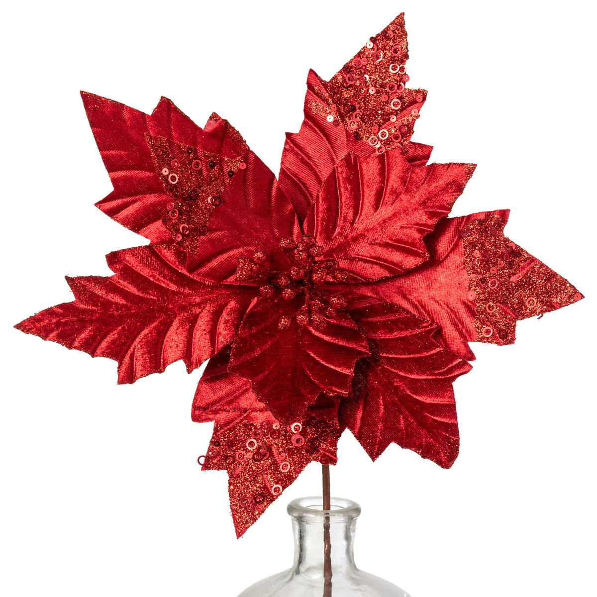 13" x 18" Velvet Sequined Poinsettia Stem: Red