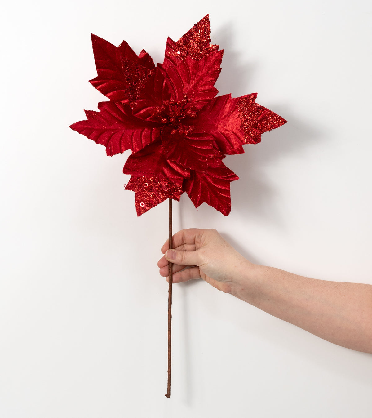 13" x 18" Velvet Sequined Poinsettia Stem: Red