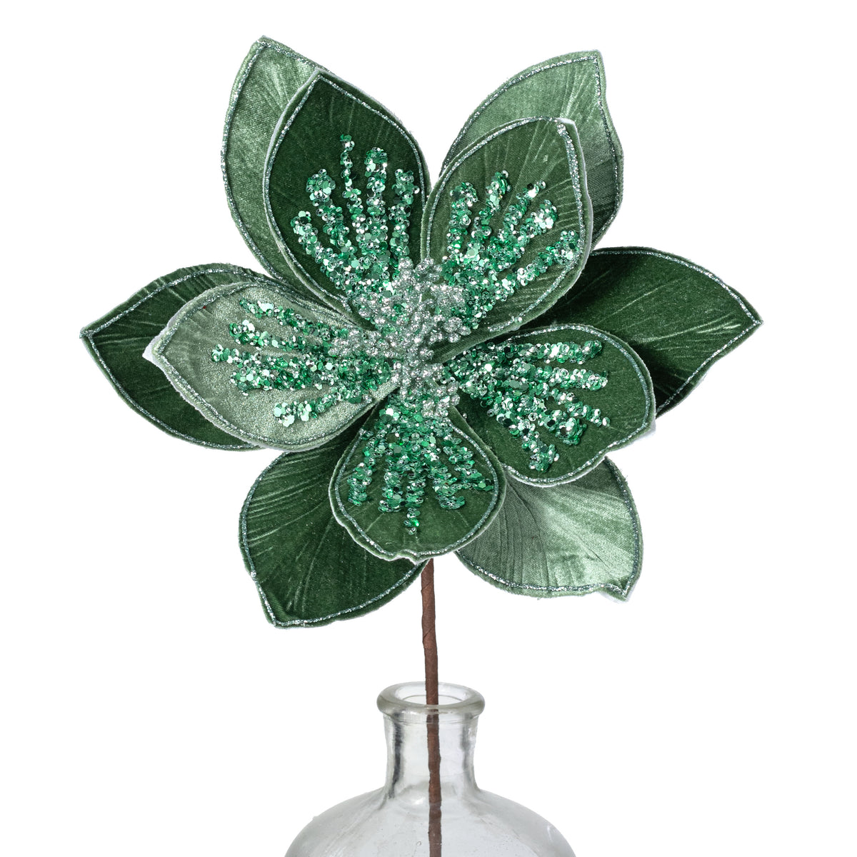 22" Glittered & Beaded Poinsettia Stem: Mint & Sage Green