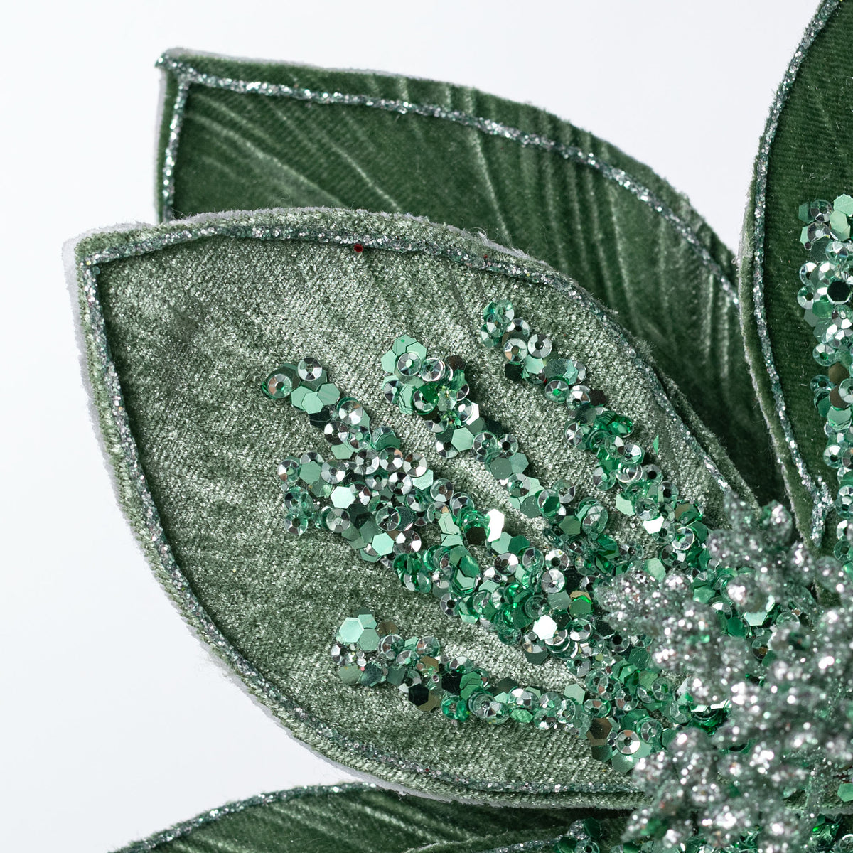 22" Glittered & Beaded Poinsettia Stem: Mint & Sage Green