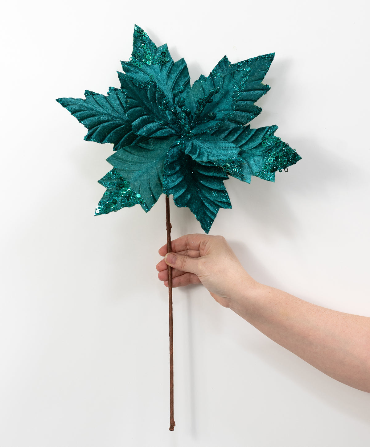 13" x 18" Velvet Sequined Poinsettia Stem: Peacock Teal