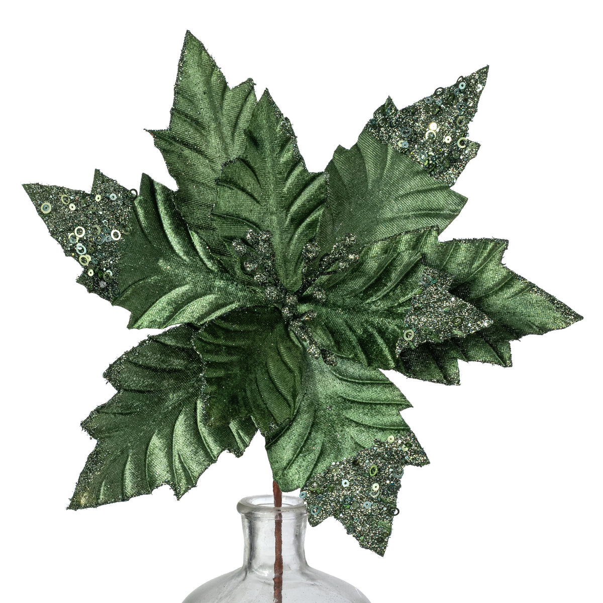 13" x 18" Velvet Sequined Poinsettia Stem: Moss Green