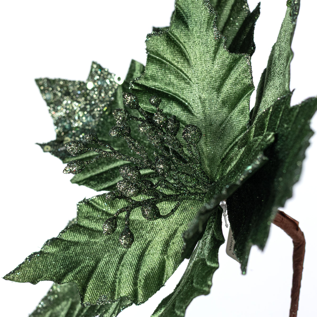 13" x 18" Velvet Sequined Poinsettia Stem: Moss Green