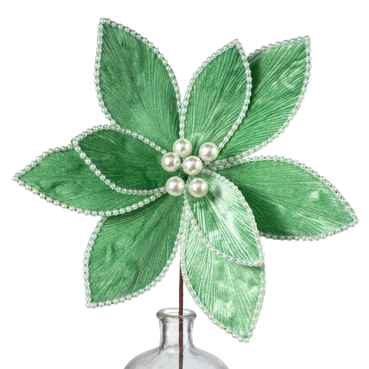 14" x 25" Beaded Velvet Poinsettia & Pearls Stem: Mint Green