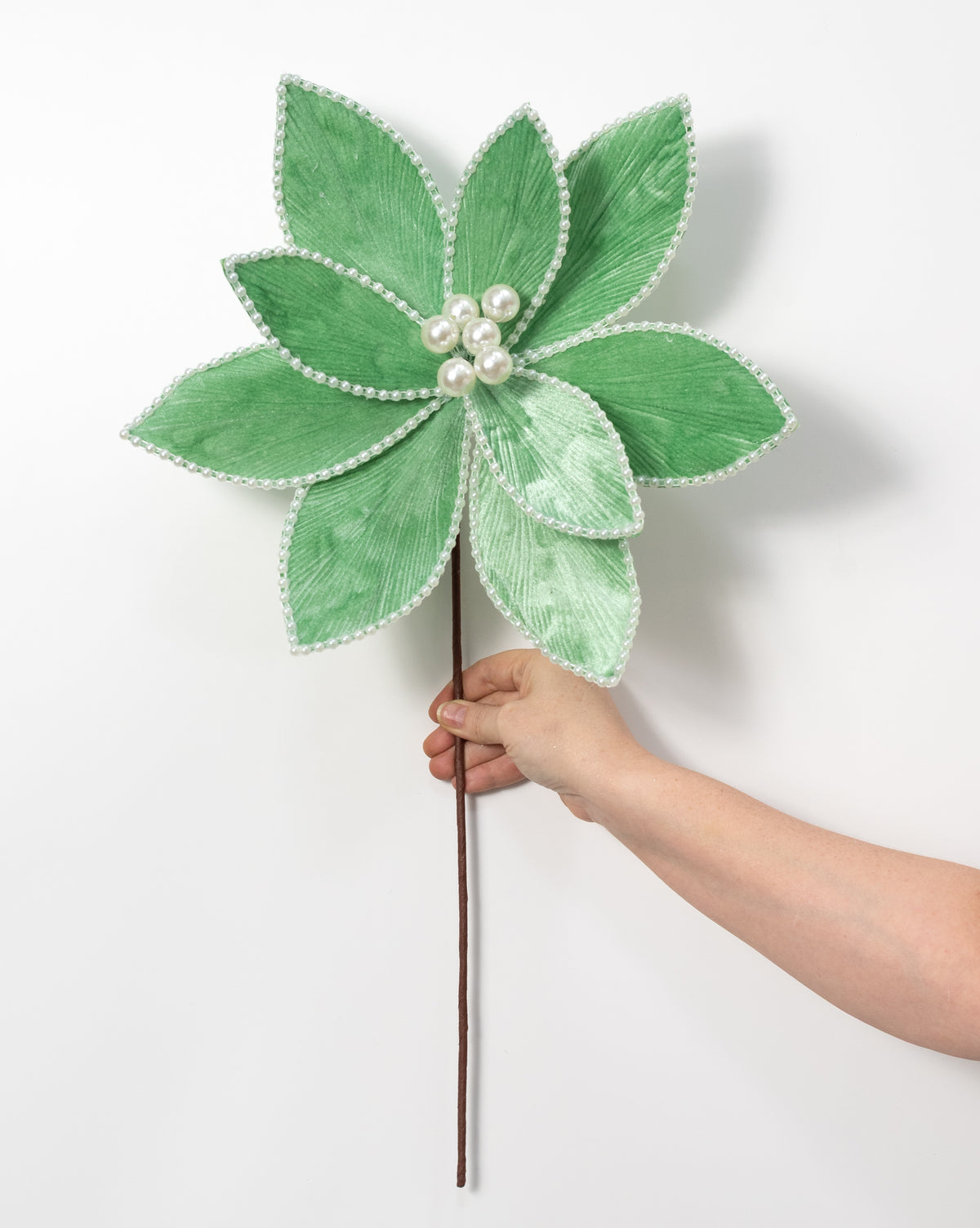 14" x 25" Beaded Velvet Poinsettia & Pearls Stem: Mint Green