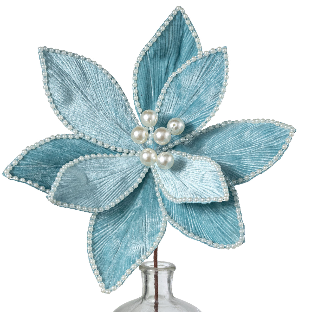 14" x 25" Beaded Velvet Poinsettia & Pearls Stem: Ice Blue