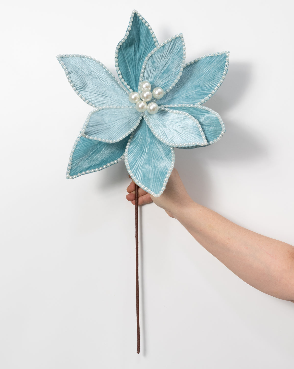 14" x 25" Beaded Velvet Poinsettia & Pearls Stem: Ice Blue