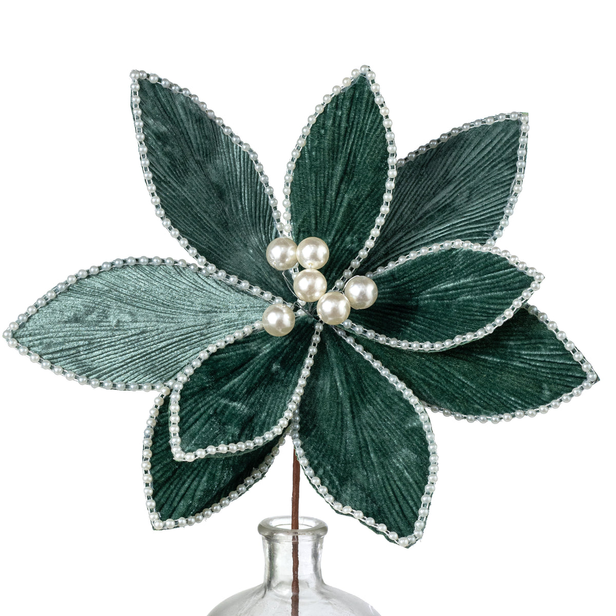 14" x 25" Beaded Velvet Poinsettia & Pearls Stem: Teal Emerald