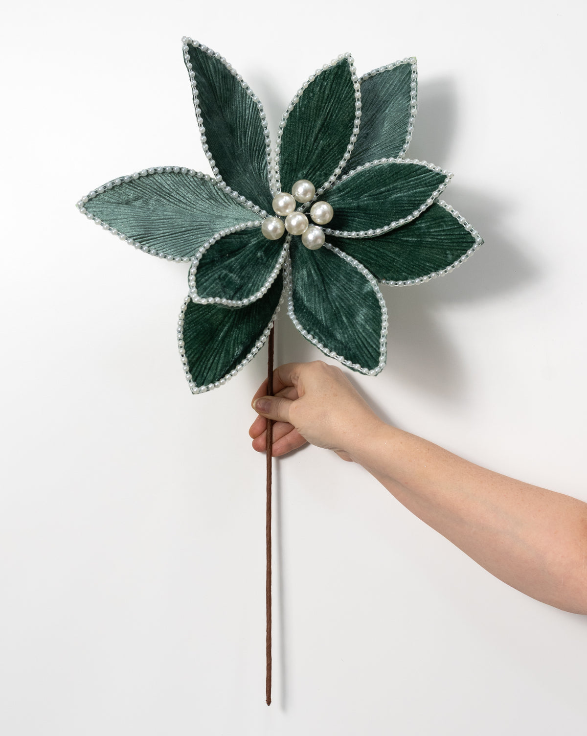 14" x 25" Beaded Velvet Poinsettia & Pearls Stem: Teal Emerald