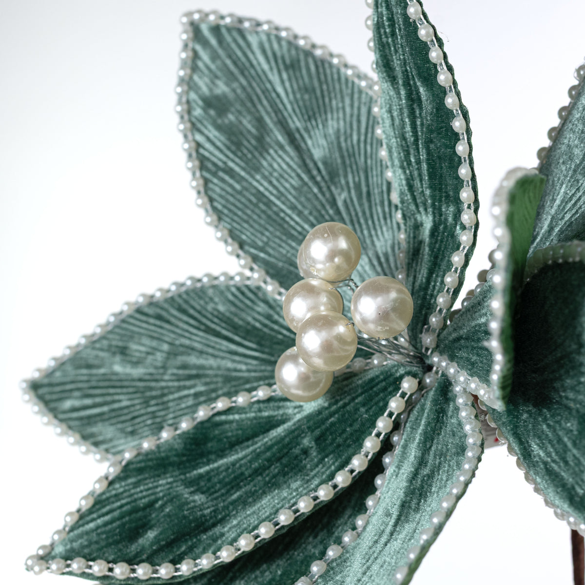 14" x 25" Beaded Velvet Poinsettia & Pearls Stem: Teal Emerald