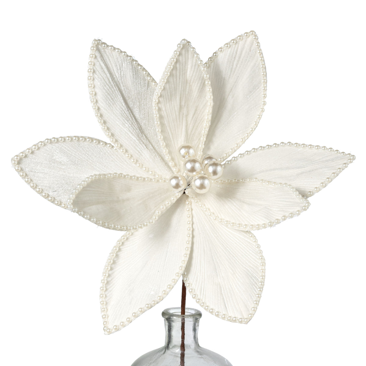 14" x 25" Beaded Velvet Poinsettia & Pearls Stem: Ivory Cream